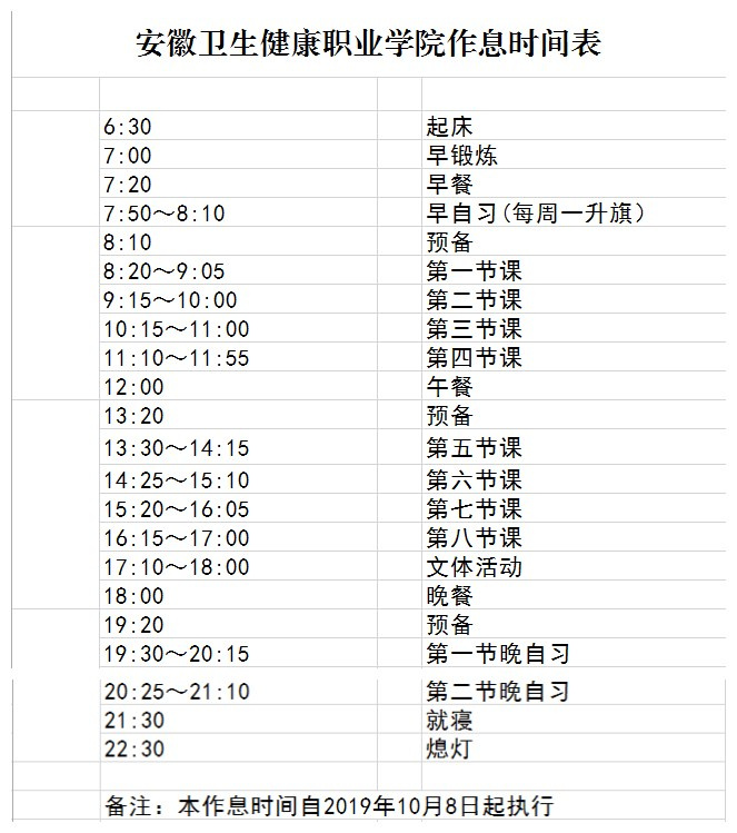 安徽卫生健康职业学院作息时间表